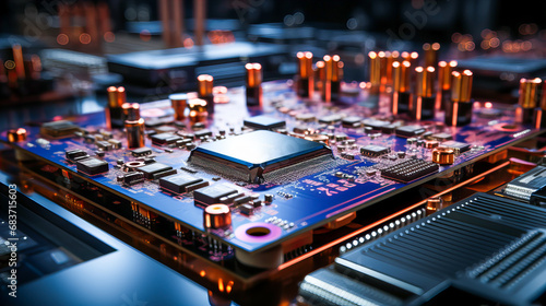 Electronic circuit board close-up with microchips and electronic components in a modern factory. Selective focus. 3d rendering toned image. Generative AI technology