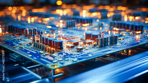 Electronic circuit board close-up with microchips and electronic components in a modern factory. Selective focus. 3d rendering toned image. Generative AI technology