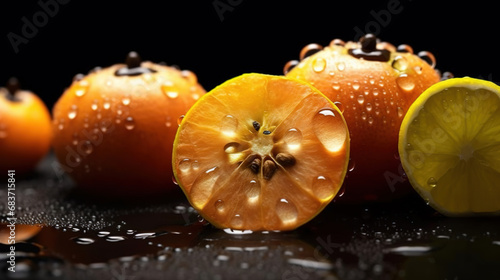 Wet Yellow Persimmon Fruit  With Leaves Blurry Background