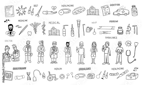 Big set of healthcare and medicine. Hand drawn. Health, pill, pharmacy, ambulance, doctor. Vector illustrations EPS 10 in doodle style.