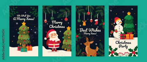 Poster and Story Reels Social Media vertical merry christmas celebration with illustration of santa claus and snowman vector collection for happy new year  2024