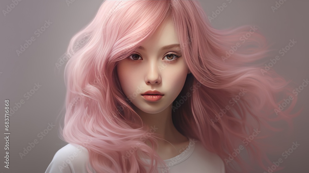 Hyper-realistic stock image of a girl with soft pink hair. Seamless blend of naturalistic look, precise details, and lifelike shadows. Hyper-realistic stock image of a girl with soft pink hair. Seamless blend of naturalistic look, precise details, and lifelike shadows.