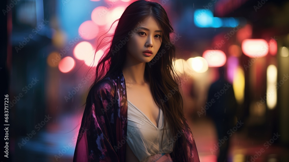 Confident asian girl in a dress, standing in dimly lit narrow street. Sharp focus, cascading hair. Ethereal ambiance with delicate patterns, sensuality, and dreamy blurred effect.
