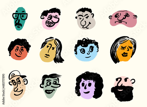 Set of quirky bright portraits. Template vector diverse people. Hand drawn design cute funny characters. Trendy modern cartoon. Art, minimal, abstract contemporary style. Avatar, icon, logo templates.