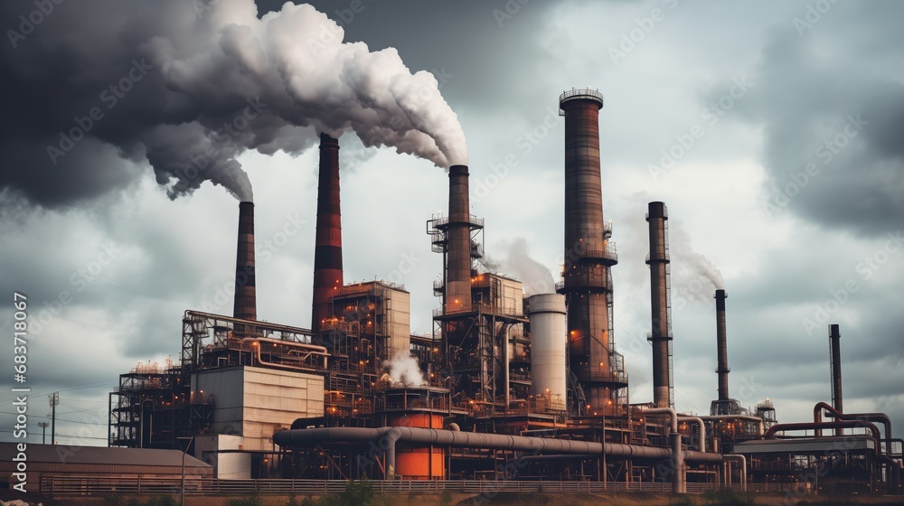 Industrial landscape with smokestacks releasing black smoke into a cloudy sky. Metal structures and machinery create a complex and scaled environment. This factory represents the industrial sector