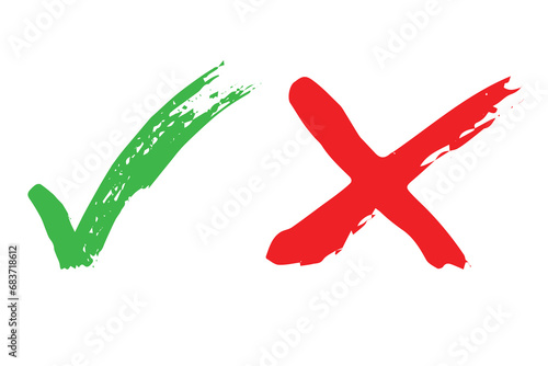 Hand drawn green check mark and red cross mark Marker right and wrong sign clipart Voting doodle