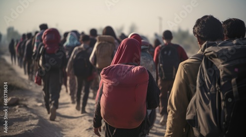 Group of refugees standing in a barren landscape, wearing backpacks. Harsh lighting casts long shadows, symbolizing displacement and crisis. A diverse and resilient community, united in their journey