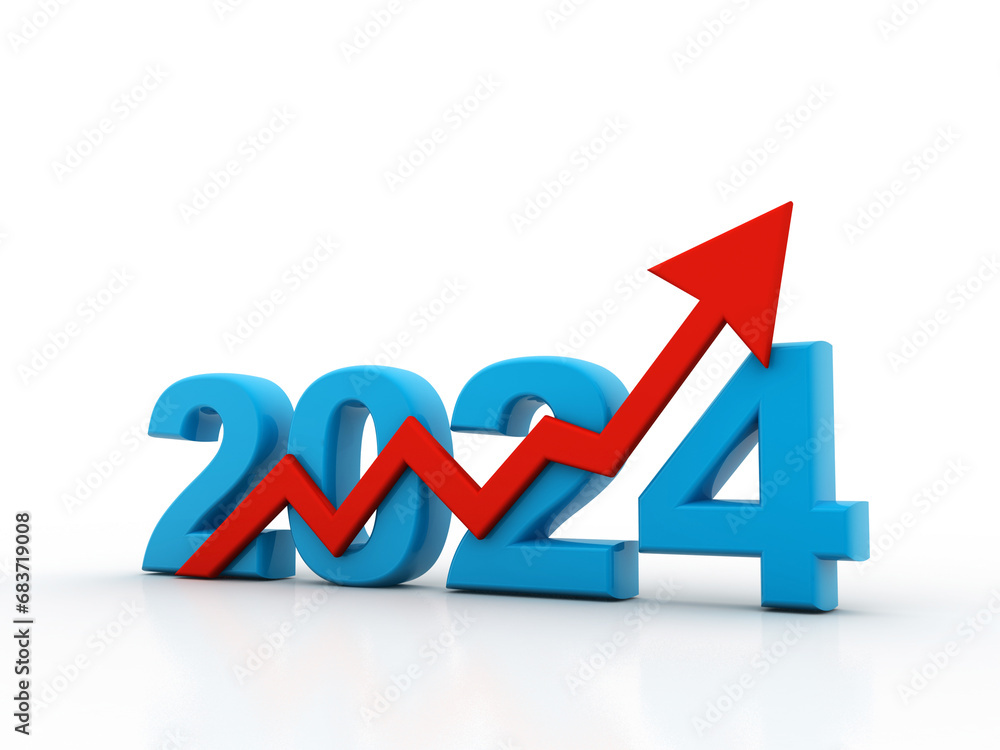 Happy new year 2024 with up arrow on white background, 2024 year with business objective target and goal for new year concept. Economic and financial growth in 2024. 3d rendering illustration. Happy new year 2024 with up arrow on white background, 2024 year with business objective target and goal for new year concept. Economic and financial growth in 2024. 3d rendering illustration.