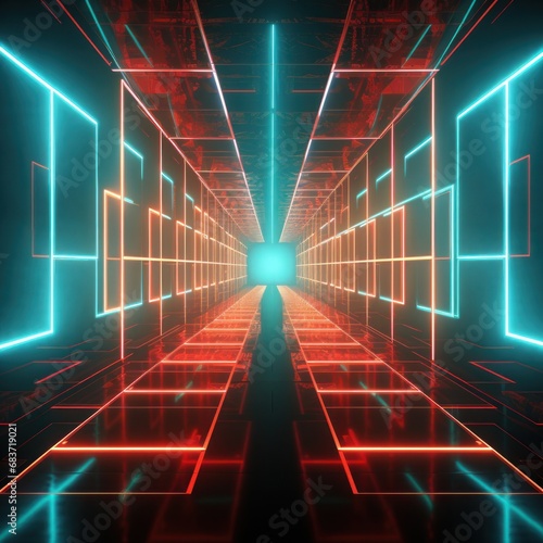Abstract contrast of warm and cool neon lights in a futuristic digital hallway