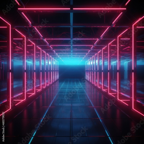 Vividly lit neon corridor render with a digital grid ceiling and reflective floor