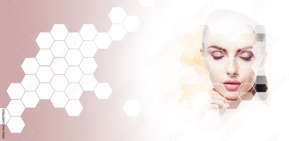 Portrait of healthy and beautiful woman. Female face in honeycomb texture. Young girl in plastic surgery, medicine, spa and face lifting concept. Portrait of healthy and beautiful woman. Female face in honeycomb texture. Young girl in plastic surgery, medicine, spa and face lifting concept.