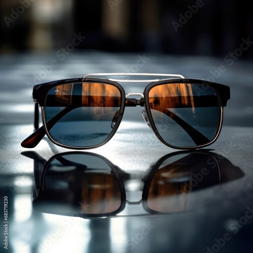 Elegant sunglasses with reflective lenses lying on a glossy surface, evoking a sense of style and sophistication