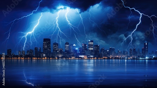 A captivating image of a stormy cityscape at night, with dramatic lightning bolts illuminating the dark sky. Reflection of the silhouettes of buildings against an electric blue backdrop