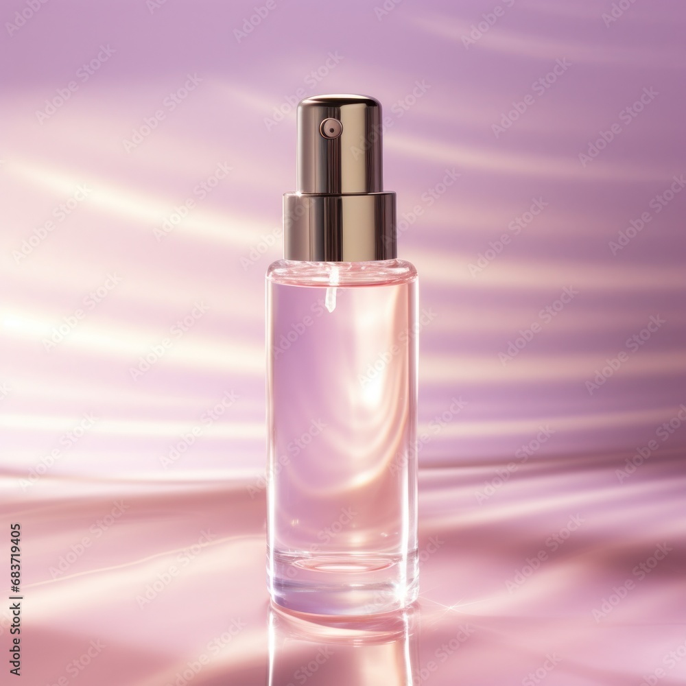 A chic perfume spray bottle with a radiant backdrop showing wave patterns and a soft glow A chic perfume spray bottle with a radiant backdrop showing wave patterns and a soft glow
