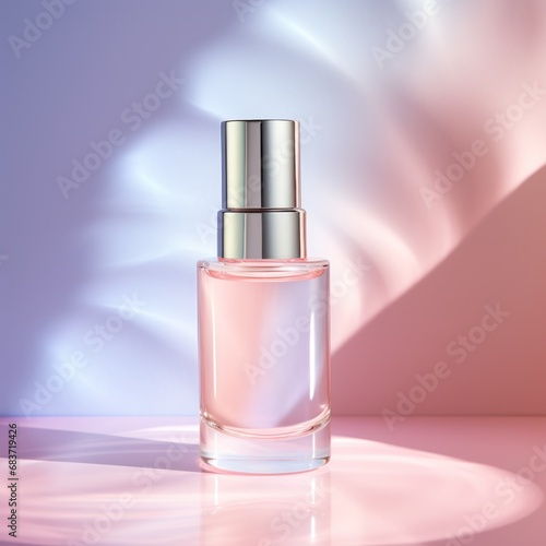 A sleek perfume bottle with metallic spray head against a soft pink and purple background with shadows