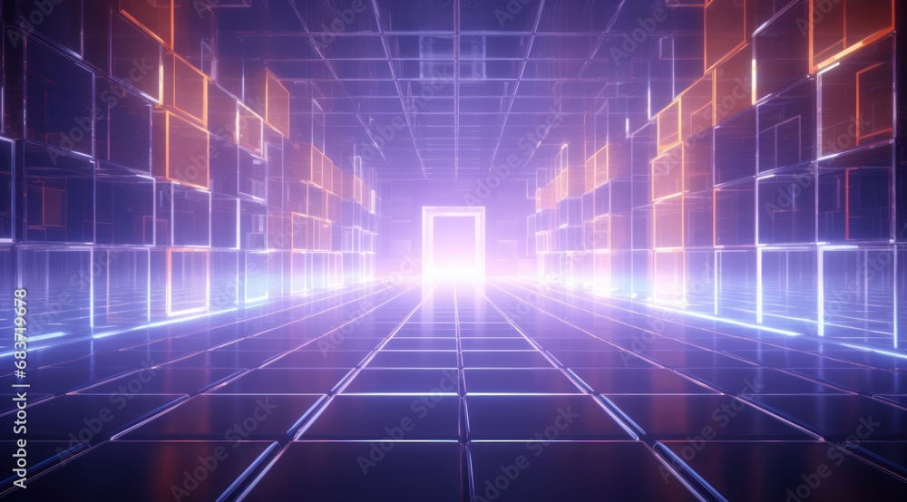 A captivating 3d rendered abstract corridor with symmetrical patterns of neon lights leading forward A captivating 3d rendered abstract corridor with symmetrical patterns of neon lights leading forward