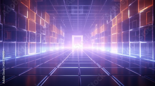 A captivating 3d rendered abstract corridor with symmetrical patterns of neon lights leading forward