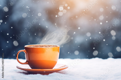Winter coffee in orange cup on the snow in the nature.