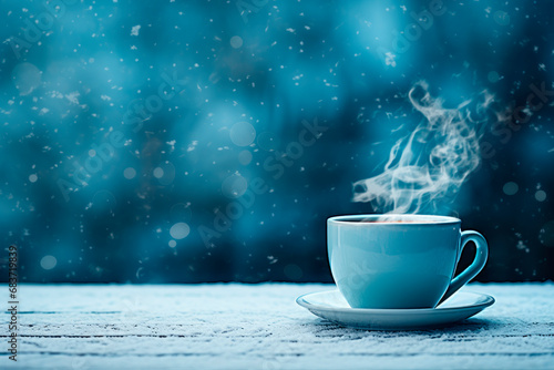 Winter coffee in blue cup on the snow in the nature. Winter atmospheric background with coffee in nature.