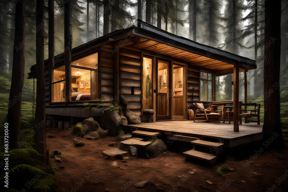 A cabin retreat back door with a peaceful forest view and cozy ambiance. 