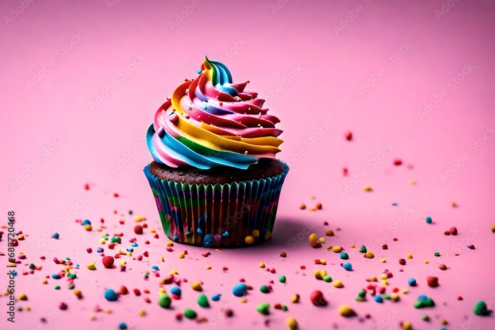 a single colorful cupcake, with rainbow frosting against pink background. a single colorful cupcake, with rainbow frosting against pink background.