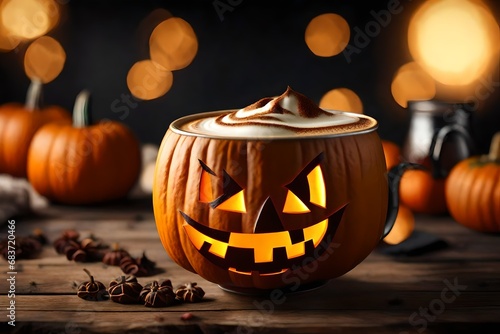 Halloween pumpkin latte art with coffee on wooden table, background is blurr, 8k. 