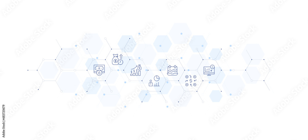 Investment banner vector illustration. Style of icon between. Containing trading, marketing, investment, statistics, capital.