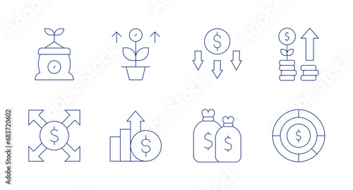Investment icons. Editable stroke. Containing cost, dollar, currency, money bag, plant, investment, growth, pie chart.