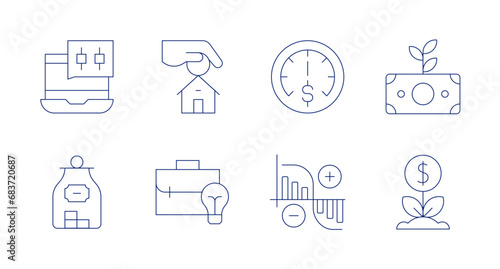 Investment icons. Editable stroke. Containing rival, donate, speedometer, market fluctuation, installment, business idea, investment.