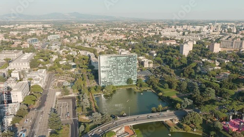 Rome, Italy. Lake Lago dell EUR. The World s Fair Quarter is a vast complex of buildings built on the orders of dictator Benito Mussolini, Aerial View, Point of interest photo