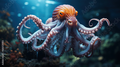 A Huge X-Ray Octopus Swimming Under Water Blurry Seascape Background © Image Lounge