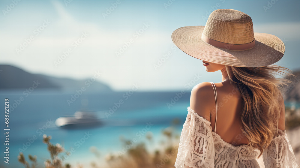 Young woman on summer beach vacation in stylish boho dress and hat watching to blue sea, Beautiful woman in straw hat and white dress walking on beach near ocean, copy space