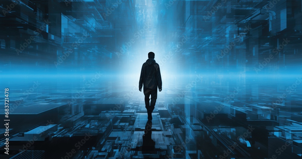 Obraz premium Black figure walking on a blue canvas, with a hyper-realistic, sharp-focus appearance. Multiple exposures create a ghostly effect, evoking pioneering days of industrialization.