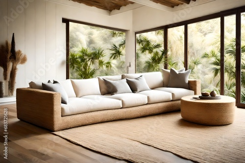 Highlight the natural texture of a sisal sofa in a tranquil and serene setting. 
