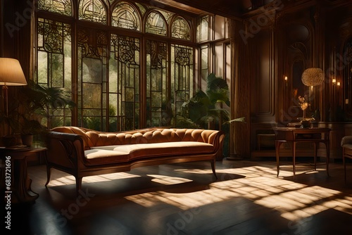 Design an image of an Art Nouveau sofa surrounded by nature-inspired details and soft, diffused light. 