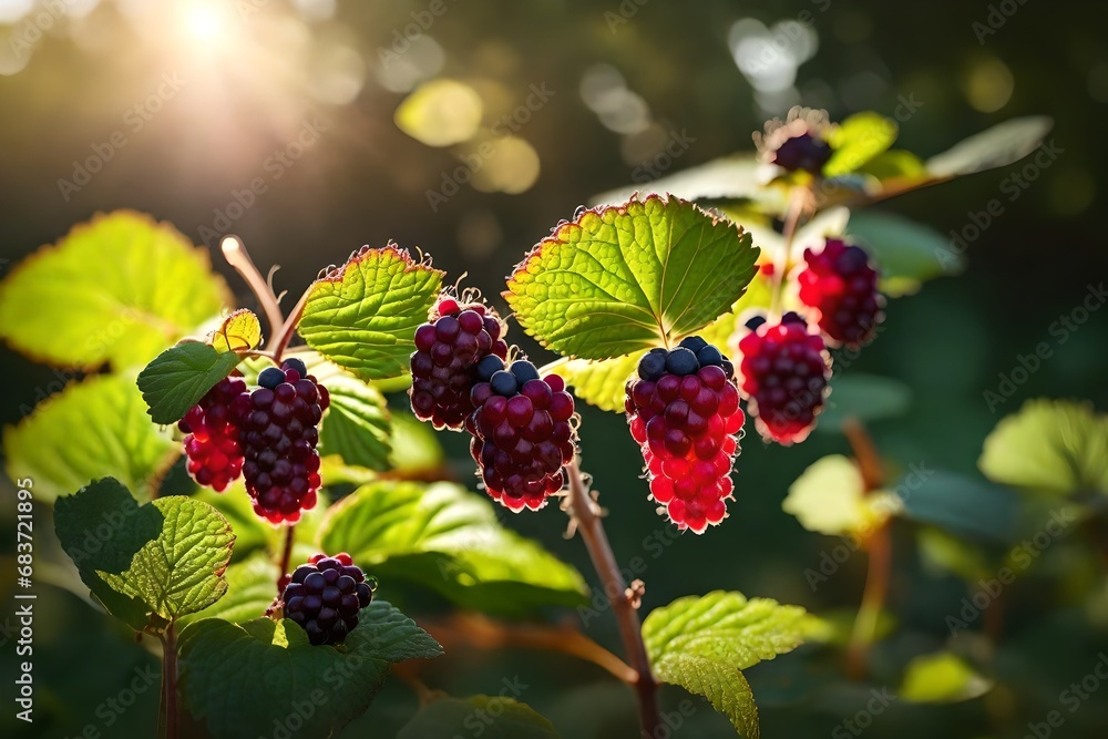 Close up view, fresh boysenberry on bush in garden, sun light also present. Close up view, fresh boysenberry on bush in garden, sun light also present.