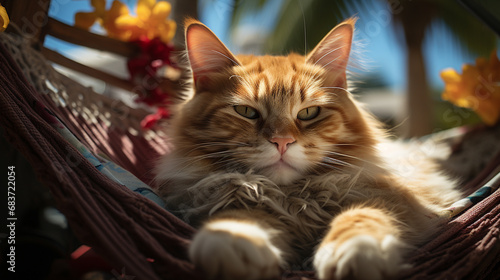 Cat relaxes in a hammock.