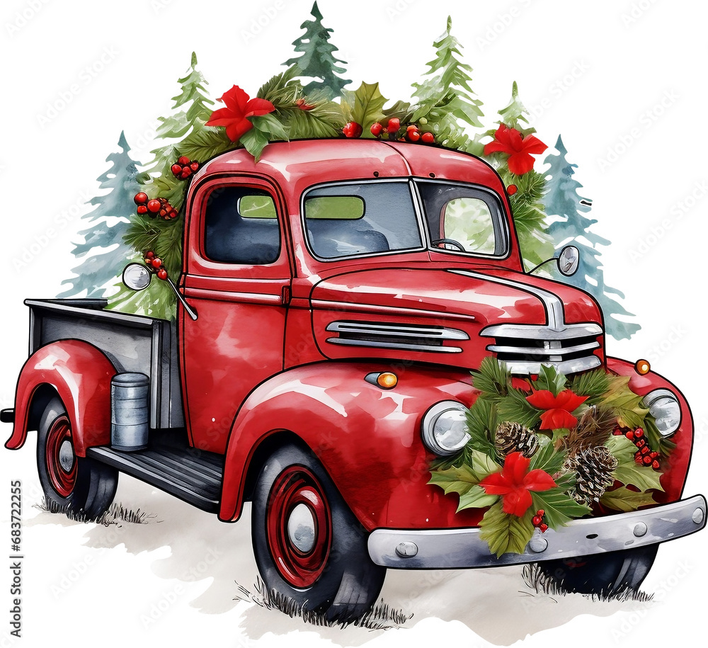 Watercolor Christmas Truck Png, Christmas Cactus Png, Red Truck Clipart, Farm Truck Png, Christmas Truck Tree, Vintage Truck Png