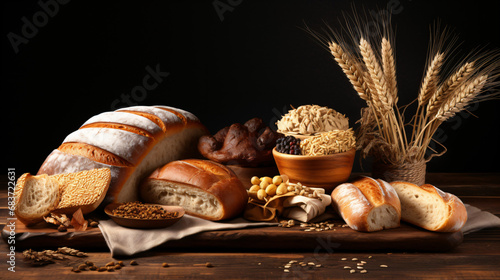 Assortment of baked bread with wheat