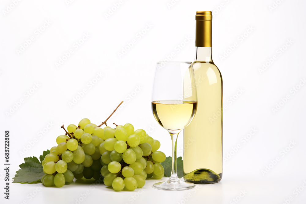 White wine bottle with wine glass, green grapes and leaves on white background White wine bottle with wine glass, green grapes and leaves on white background