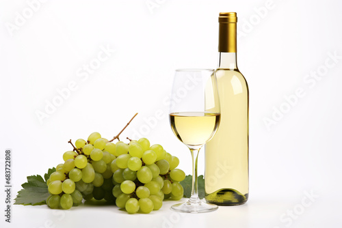 White wine bottle with wine glass, green grapes and leaves on white background