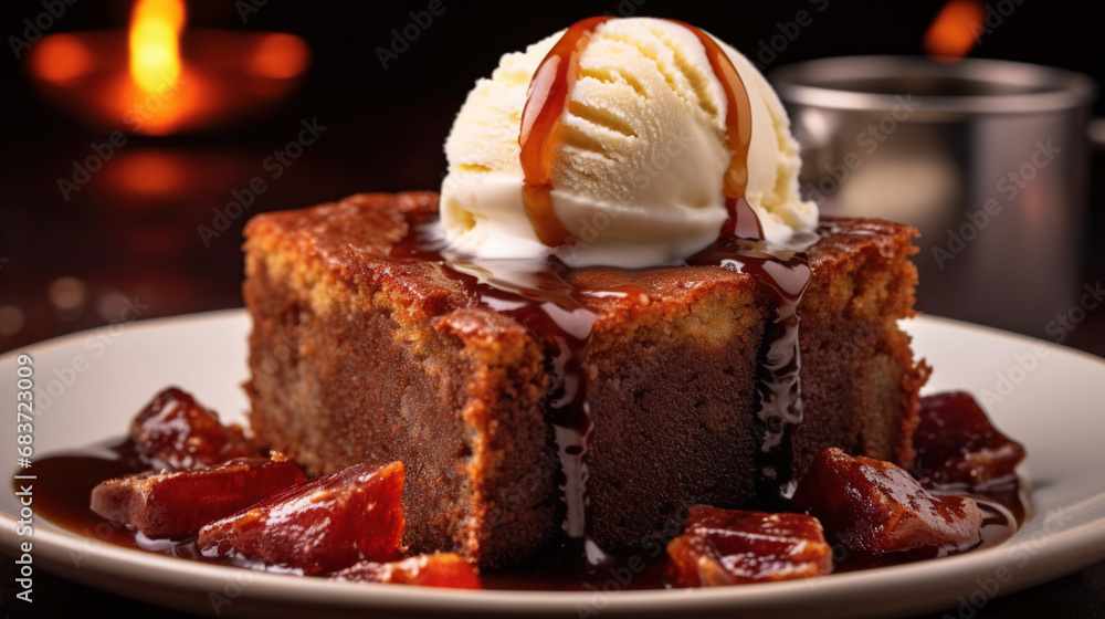 The Most Delicious Brown Sugar Date Cake Top with Luscious Light Brown Syrup Topped with Vanilla Ice Cream Background Selective Focus The Most Delicious Brown Sugar Date Cake Top with Luscious Light Brown Syrup Topped with Vanilla Ice Cream Background Selective Focus