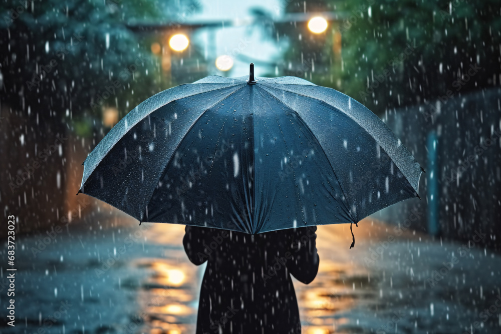 Back view of person with open black umbrella during rain