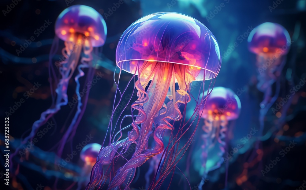 Glowing jelly fish in aquarium background. - obrazy, fototapety, plakaty 