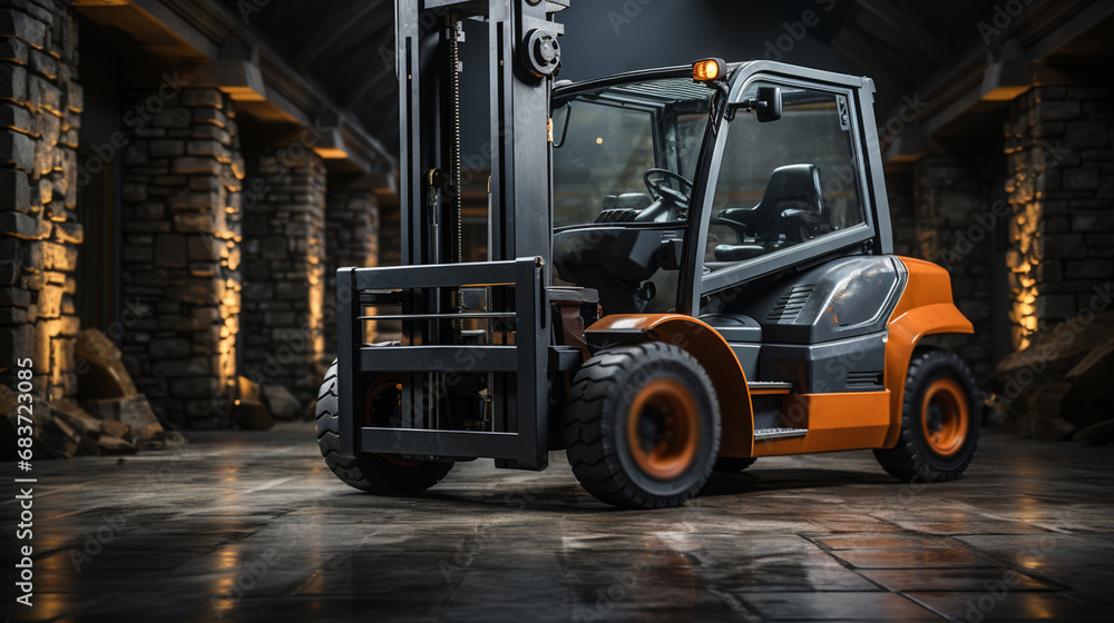 Forklift standing in warehouse.