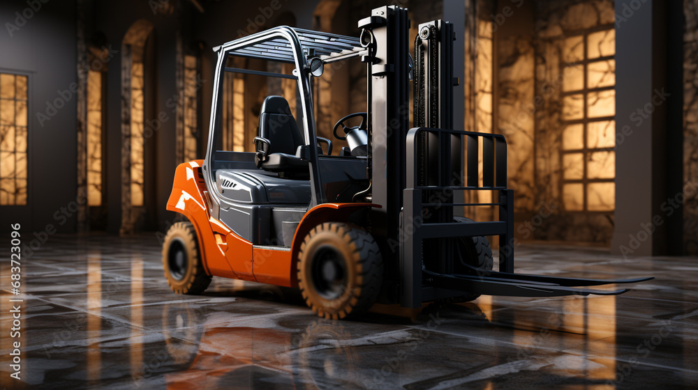 Forklift standing in warehouse.