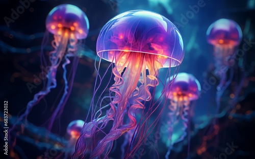 Glowing jelly fish in aquarium background. © Virtual Art Studio
