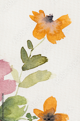 Watercolor background with hand painted flowers. Yellow and pink flowers photo