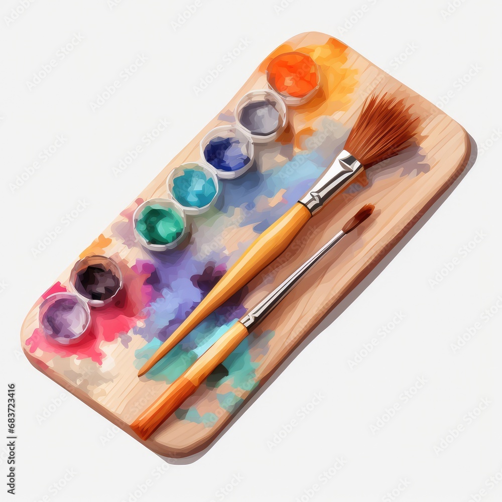 Wooden palette with watercolor paints and brushes isolated on white background Wooden palette with watercolor paints and brushes isolated on white background