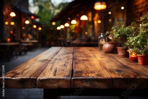 wooden empty table against a blurred background with a light view. Generative in ai